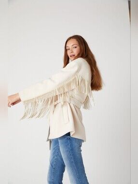 BLANKNYC Faux Wool Belted Blazer with Vegan Leather Fringes - Size S